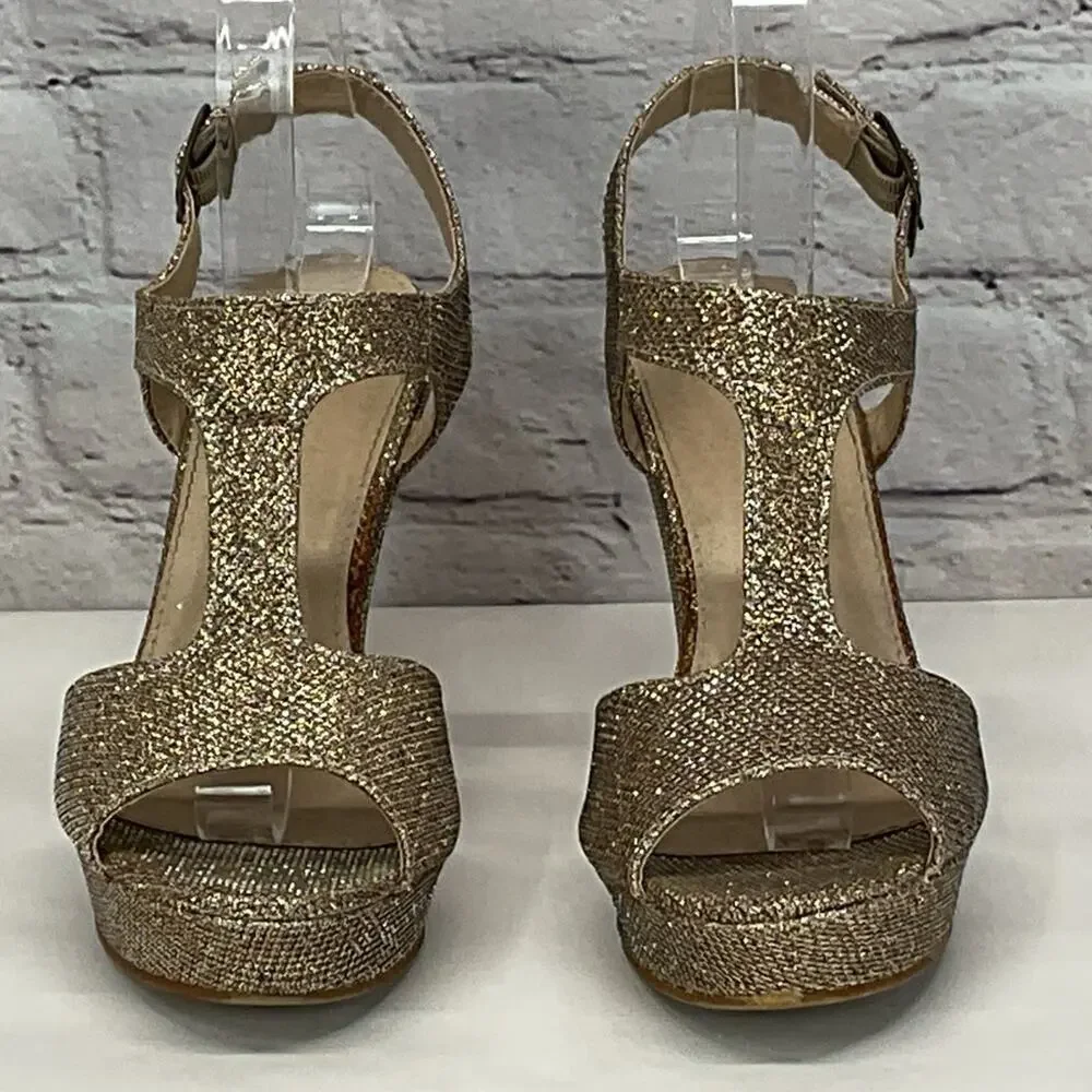 Rampage Sandals Women's Size 7 Rose Gold Glitter T-Strap Wedge Platform Vacation